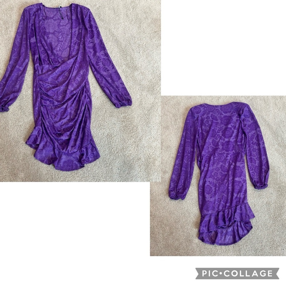 Zara purple jacquard ruffle frill draped ruched long sleeve wrap dress Sz M NWT - Picture 7 of 10